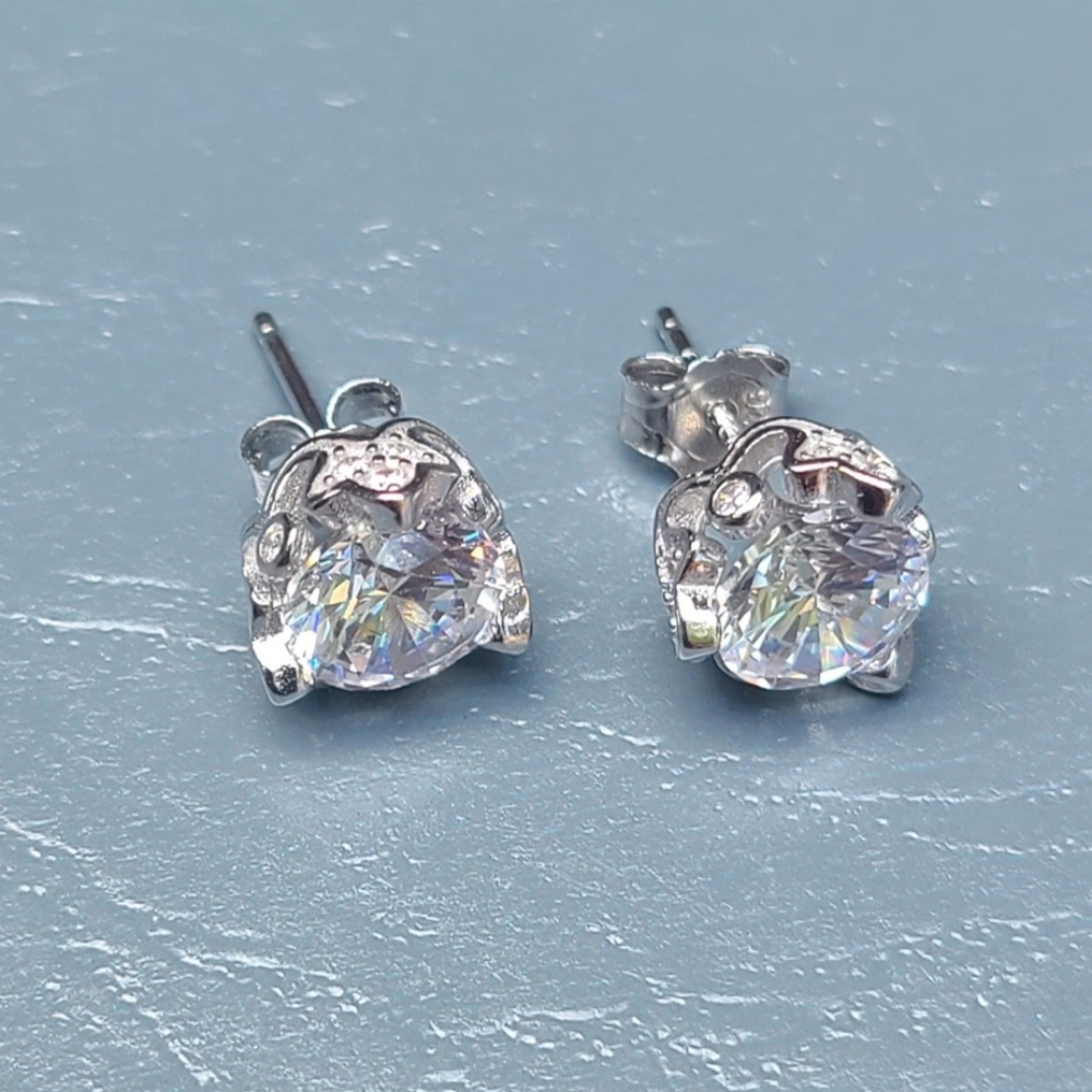 18k Overlay On Sterling Silver Simulated Diamond Stud Earrings